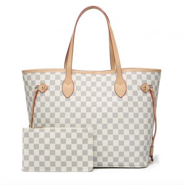 Women’s PU Vegan Leather Checkered Tote Shoulder Bag – Twenty Four, Cream Checkered, Postidal