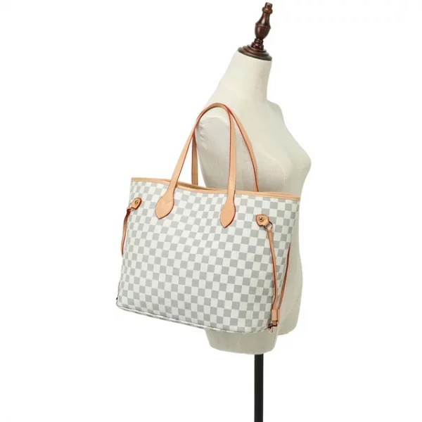 Women’s PU Vegan Leather Checkered Tote Shoulder Bag – Twenty Four, Cream Checkered, Postidal
